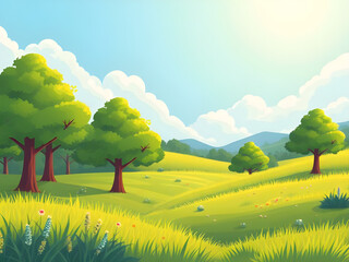 summer nature landscape vector, fresh green grass summer illustration, blue sky countryside scenery, outdoor summer meadow background, vibrant summer landscape design, natural grass field illustration