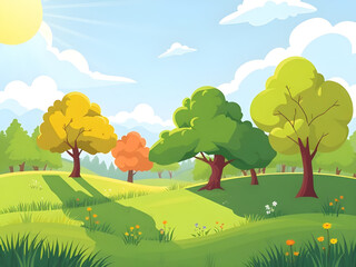 summer landscape illustration background, green grass and sky nature scene, bright daylight summer countryside, open field under blue sky, summer outdoor nature scenery, peaceful green meadow summer, 