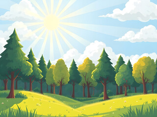 summer landscape illustration background, green grass and sky nature scene, bright daylight summer countryside, open field under blue sky, summer outdoor nature scenery, peaceful green meadow summer, 