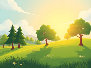 summer meadow with blue sky, green grass summer background design, bright summer landscape illustration, clear blue sky summer field, natural countryside summer view, tranquil summer meadow scenery, o