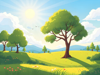 summer meadow with blue sky, green grass summer background design, bright summer landscape illustration, clear blue sky summer field, natural countryside summer view, tranquil summer meadow scenery, o