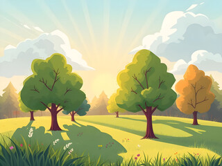 summer countryside landscape background, green grass field summer scene, blue sky summer nature wallpaper, sunny meadow landscape illustration, calm summer rural scenery, wide green field blue sky, su