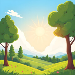 summer countryside landscape background, green grass field summer scene, blue sky summer nature wallpaper, sunny meadow landscape illustration, calm summer rural scenery, wide green field blue sky, su