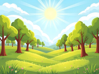summer countryside landscape background, green grass field summer scene, blue sky summer nature wallpaper, sunny meadow landscape illustration, calm summer rural scenery, wide green field blue sky, su