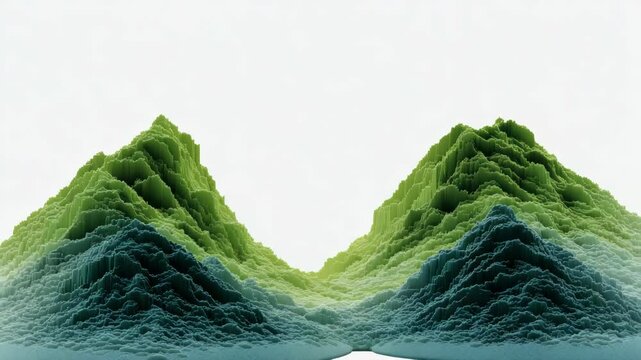 Stylized abstract image of layered green and blue mountainous terrain, pixelated graphic style, on a white background, concept of digital topography