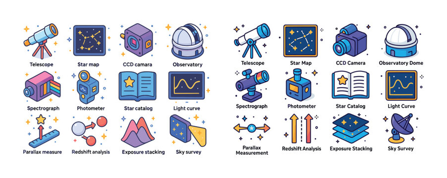 Astronomy tools and concepts illustration: telescope, star map,
