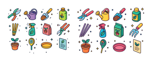 Colorful gardening tools and supplies icons set with plants and