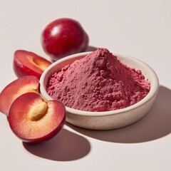 Luxury ingredient shot featuring fine pink-red plum powder in a white ceramic dish, with fresh plum slices surrounding for context. Soft gradient lighting, bright white background, and clean shadows, 