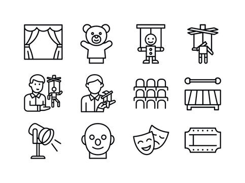 Puppet Theater Icon Set. Puppet Theater. Line icon set of Puppet