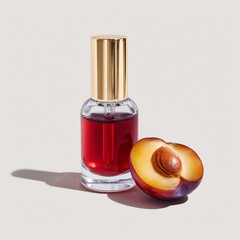 Transparent glass vial with metallic gold or silver cap containing ruby-toned plum extract. Fresh plum slice placed beside on a bright white seamless background. 