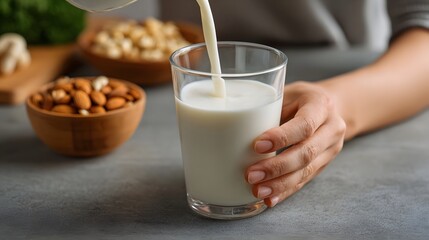 A hand pours creamy plant based milk into a glass with bowls of almonds and nuts suggesting a healthy natural beverage option