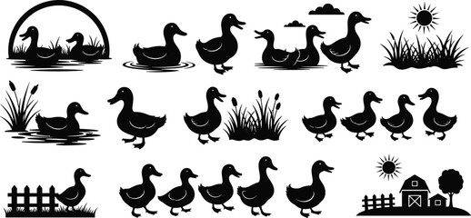 Duck silhouettes, farm scene, swimming ducks, reeds, barn, nature, rural life, walking ducks, cad drawing, flat vector