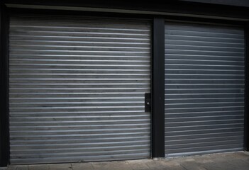 Closed Shop Front with Metal Shutters and Glass Doors