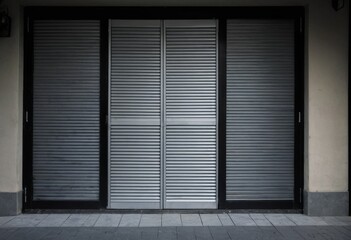 Closed Shop Front with Metal Shutters and Glass Doors