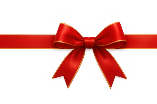 Red bow with gold trim on ribbon horizontally wrapping a gift, celebrating special occasions, holidays, and festivities on transparent background - Powered by Adobe
