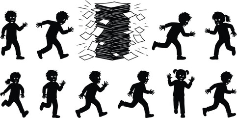 Flat vector, children silhouette icons, paper chaos, running pose, panic gesture, exaggerated expression, 