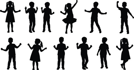Flat vector, children silhouette poses, dancing kids, joyful movement, raised arms, celebration stance, playful posture, ponytail girl, skirt outfit, expressive gesture, black and white, dynamic pose