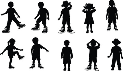 Flat vector, children silhouette icons, walking pose, standing gesture, playful posture, hat detail, ponytail 