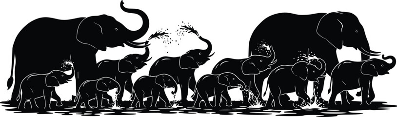 Flat vector, elephant silhouette icons, baby elephant, water splash, trunk spray, playful herd, family group, 