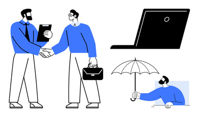 Business solutions, teamwork, online connections, negotiation, financial stability, security. Two figures shaking hands, a laptop person holding an umbrella. Business solutions and teamwork concept