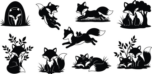 Flat vector, fox silhouette poses, sleeping fox, jumping fox, curled fox, forest animal, nature scene, woodland creature, expressive fox, black and white, peaceful 