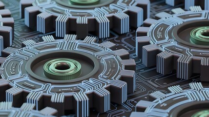 Abstract gear system from glowing neon blue circuit traces – Ideal for data, complexity, or high-tech engineering visuals.