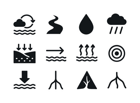 Hydrology Icons Grid. Hydrology. Solid icon set of Hydrology: wa