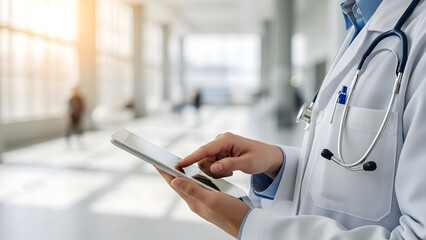 Woman doctor holding a digital tablet computer screen for communication and work in a hospital