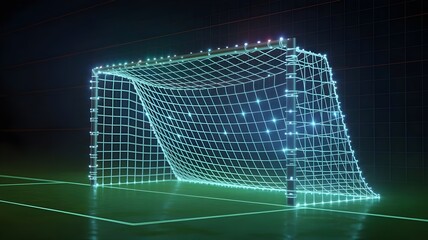 Futuristic soccer goal net of luminous cyan data lines – Suitable for sports, connectivity, or digital wireframe concepts.