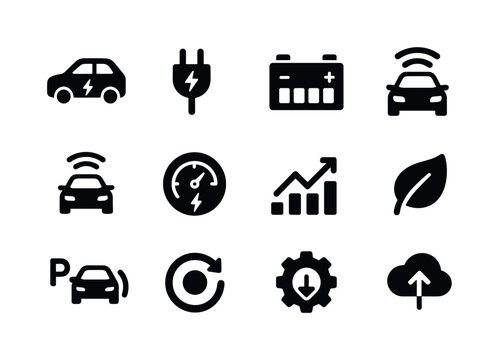 Electric Autonomous Icons. EV and autonomous combo. Solid icon s