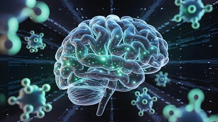 3D brain made of glowing molecular models in dark lab space – Perfect for biology, health, or scientific discovery content.