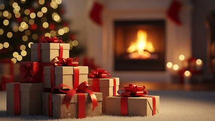 Cosy Christmas scene with stacked gift boxes in front of a warm fireplace and decorated tree