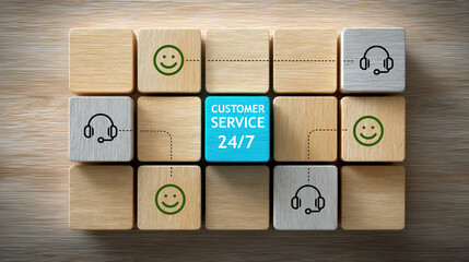 Customer service 24 7 concept with wooden blocks showing headset and smile icons representing client support satisfaction and communication assistance