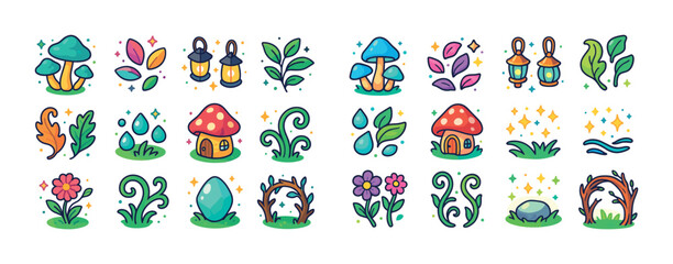 Whimsical nature icons: mushrooms, leaves, flowers, lanterns, an
