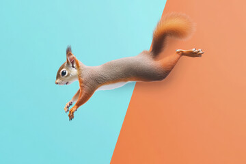 Dynamic squirrel jumping mid-air on two-tone blue and orange background, funny action wildlife studio shot minimal concept

