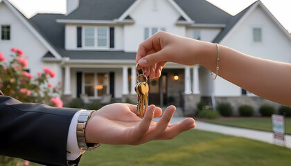 Handing over house keys from one person to another, symbolizing home ownership transfer, with a beautiful residential property in the background showcasing modern architecture