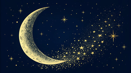 Naklejka premium Crescent Moon And Stars Swirling In A Dark Night Sky image photo