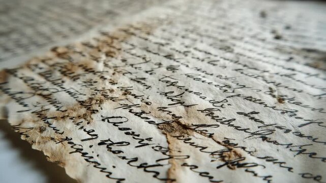 Aged handwritten letter with ink fading and burn marks, realistic style, on blurred surface background. Concept of vintage communication