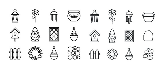 Garden icon set: lantern, flower, planter, gnome, birdhouse, fen