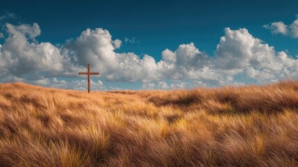 Christian Cross in Open Field with Blue Sky and Clouds
