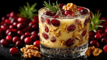 Festive Cranberry Walnut Dessert with Ice and Rosemary on Dark Background