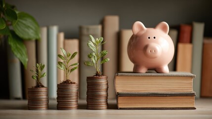 Financial Growth Concept with Piggy Bank, Coins and Young Plants on Books