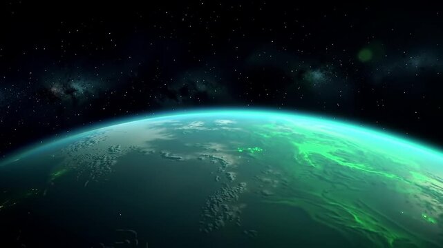 Space view of green planet with stars and nebula background, for sci-fi