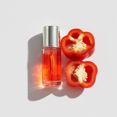 Transparent glass vial with silver or gold cap filled with natural red pepper extract. Fresh sliced bell peppers placed beside on a bright white background with refined shadows.