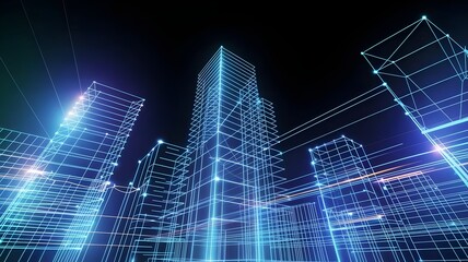 Futuristic cityscape of glowing geometric grids and wireframe structures – Great for technology backgrounds, sci-fi concepts, or network security.