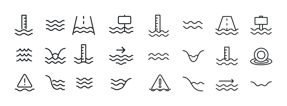 Minimalist water level icon set with waves and measurement symbo