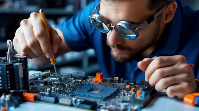 Motherboard micro-surgery as technician tunes PC circuit board with precision tool in lab close-up
