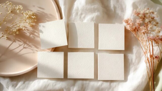 Six square blank paper cards arranged on soft white fabric, bathed in natural sunlight with dried flowers, concept of minimal stationery mockup