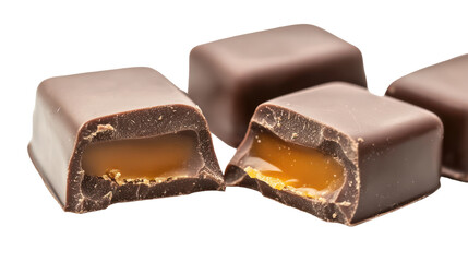 Obraz premium Close up of milk chocolate with caramel filling exposed on transparent background