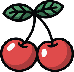 Cartoon of two red cherries with green leaves on a white background